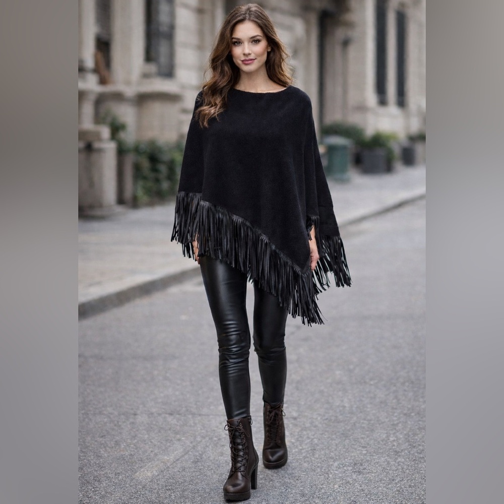 Chico's Fringe Poncho Black Great Condition!